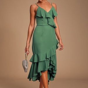 DREAMER'S DREAM SAGE GREEN RUFFLED HIGH-LOW DRESS